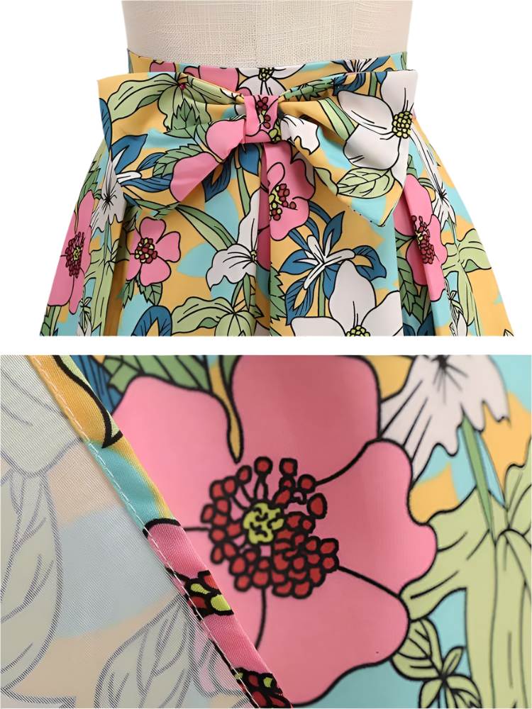 1950s Floral Print High Waist Pleated Midi Skirt