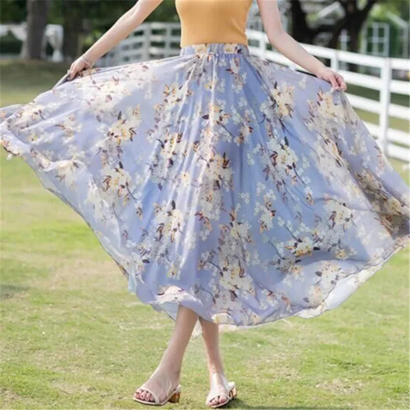 Elegant Pleated Chiffon Floral Beach Skirt for Women