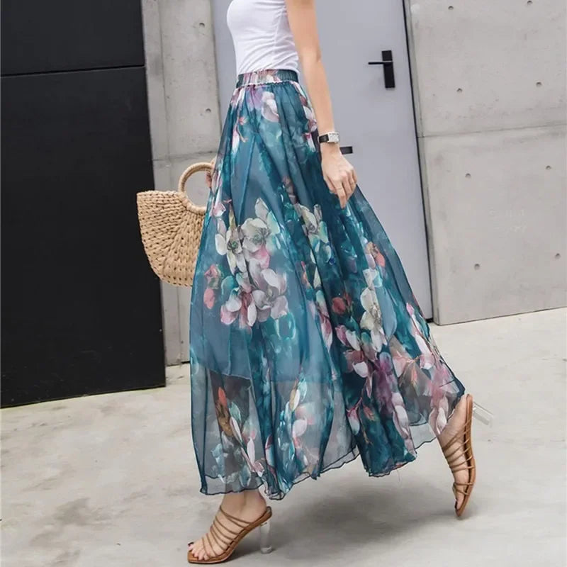 Elegant Pleated Chiffon Floral Beach Skirt for Women