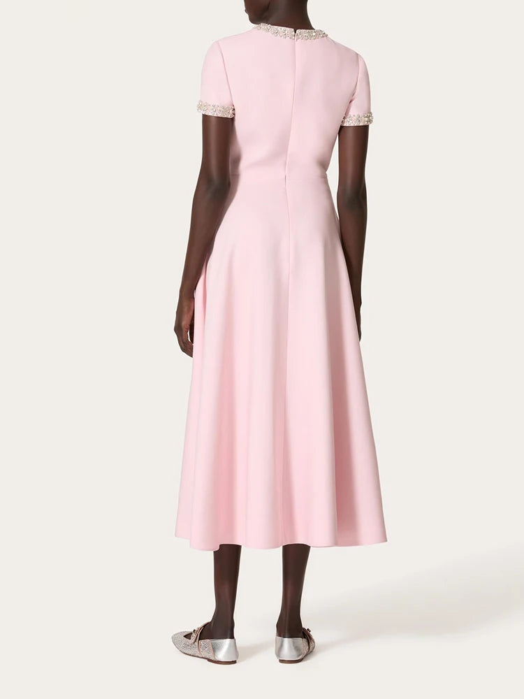 Patchwork Diamond Dress With Bowknot For Women High Waist