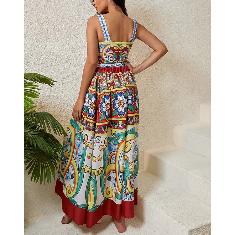 Red & Blue Mosaic Print One-Piece Swimsuit With Skirt & Sarong