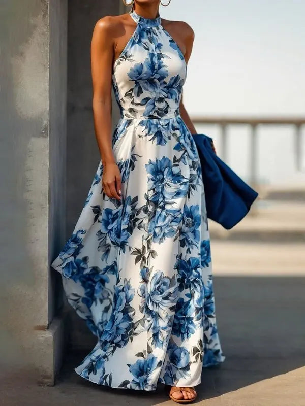 Vintage Blue Floral Lapel Dress – Elegant Sleeveless A-Line Summer Dress