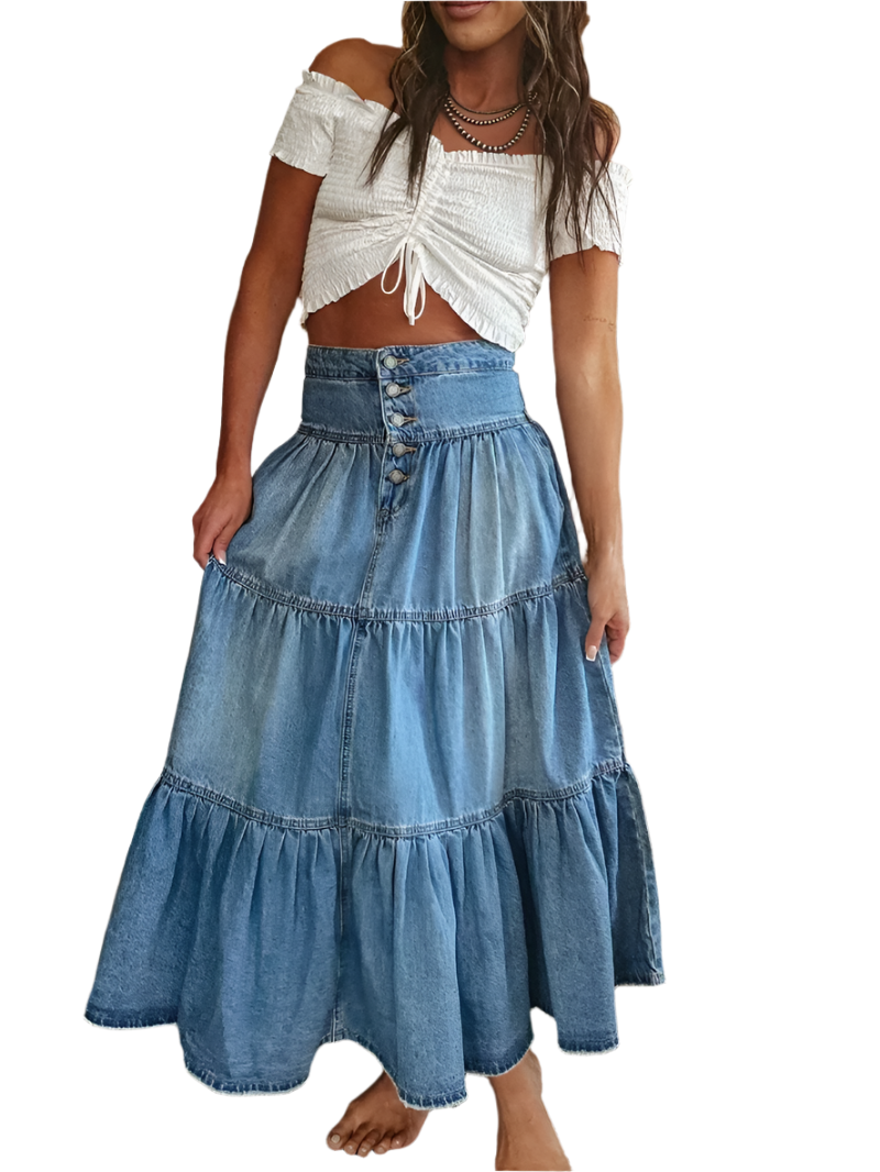 Bohemian Maxi Denim Jean Spring Summer Skirt