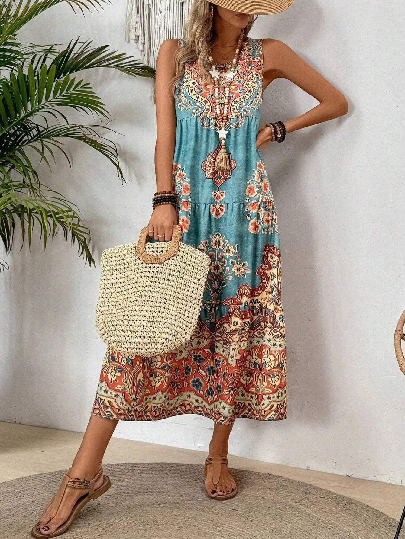 Women Vintage Print Sleeveless Dress - Loose A Line Comfort