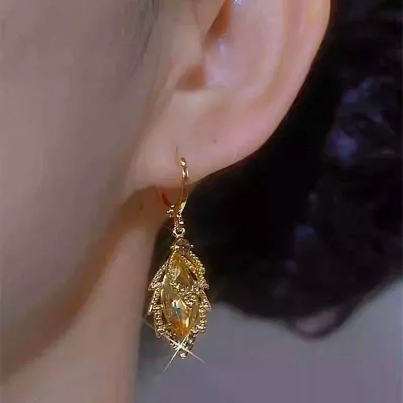 Rhinestone Leaves Pendant Earrings Gold Color Jewelry