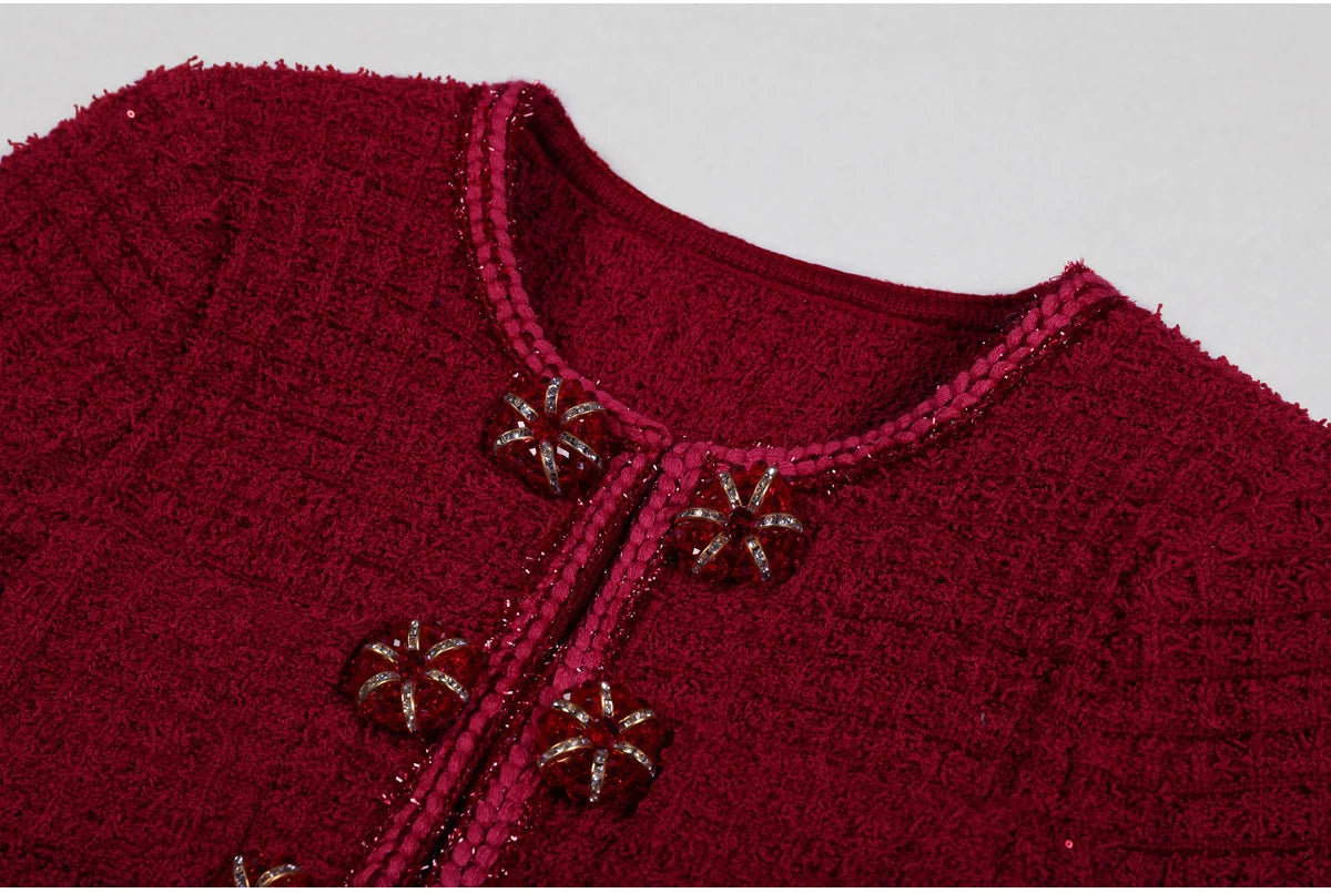 Luxury Double Breasted Crystal Bead Knit Evening Dress