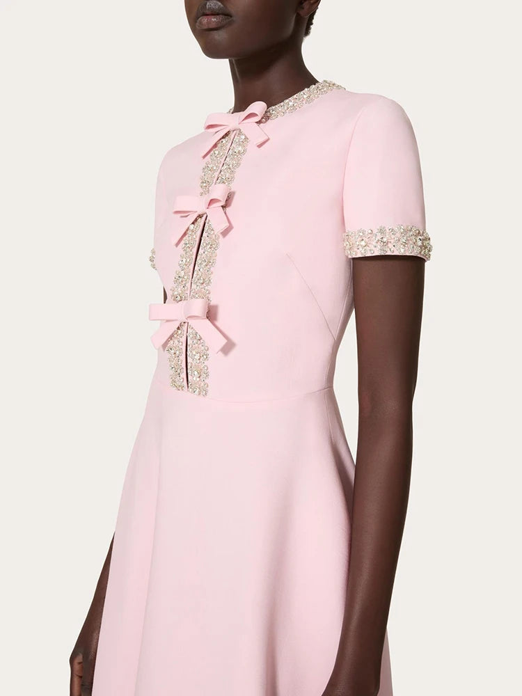 Patchwork Diamond Dress With Bowknot For Women High Waist