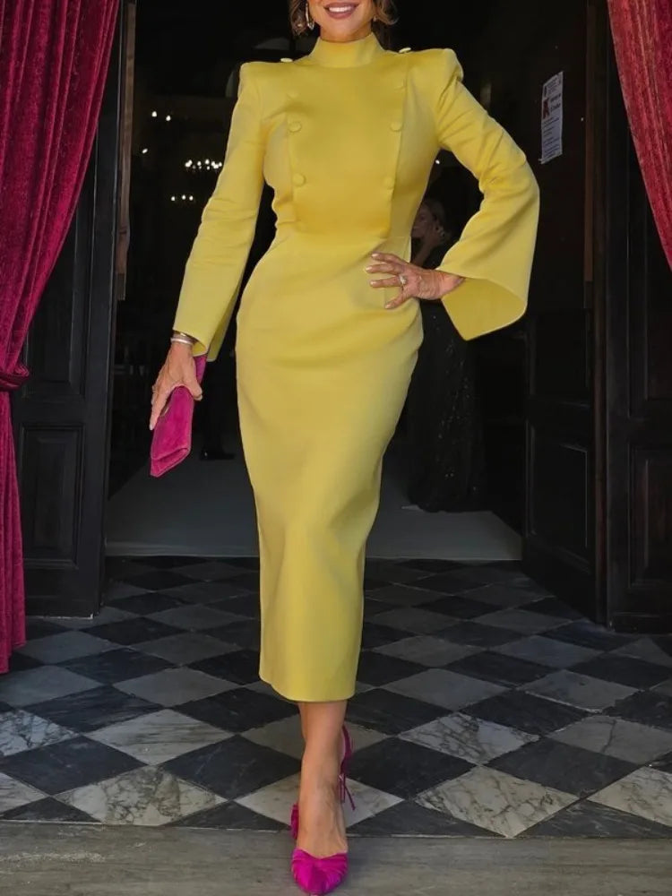 Stand Collar Formal Office Midi Dress With Flared Sleeves