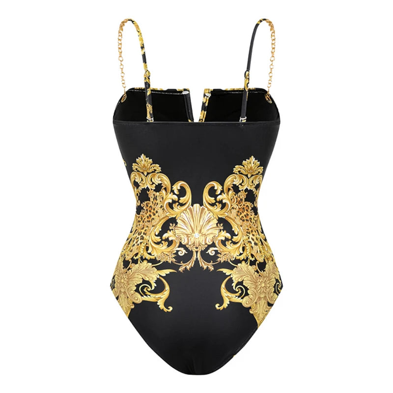 Vintage Baroque Print V-Neck One-Piece Swimsuit – Chain Detail Monokini
