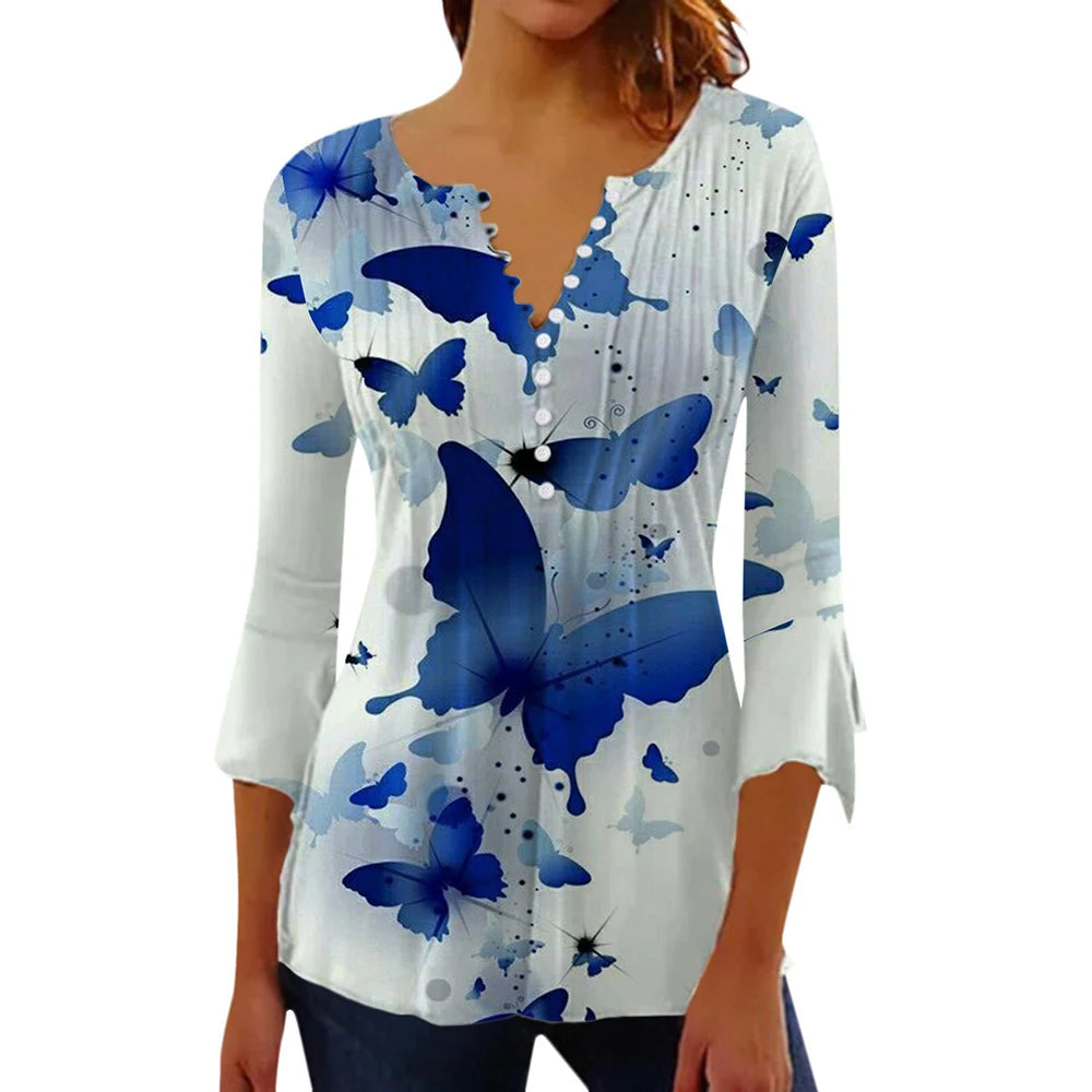 Women’s Casual Butterfly Print Shirt – Short Sleeve Pullover