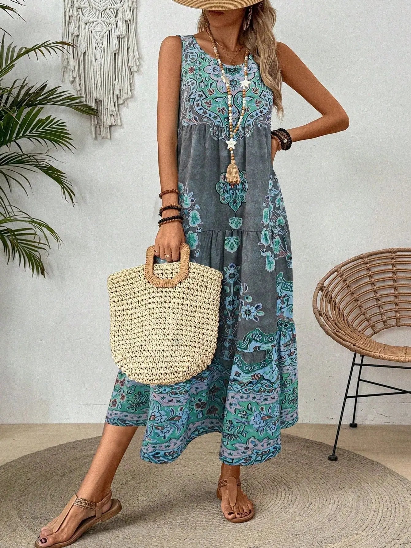 Women Vintage Print Sleeveless Dress - Loose A Line Comfort