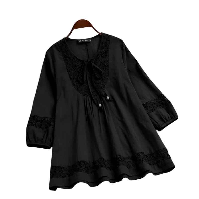 Cotton Linen Lace Splice Top – Women’s 3/4 Sleeve Casual Tunic