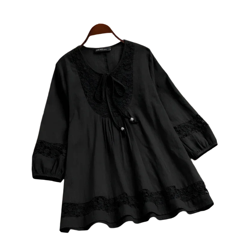 Cotton Linen Lace Splice Top – Women’s 3/4 Sleeve Casual Tunic