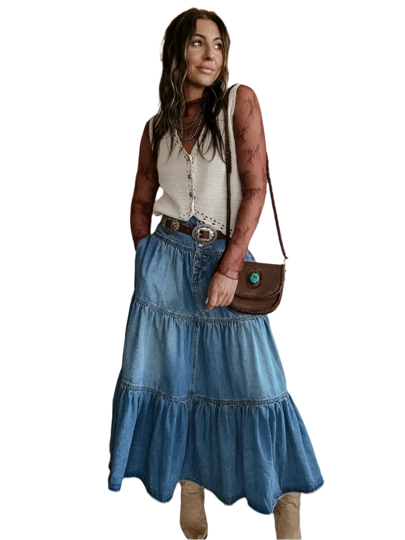 Bohemian Maxi Denim Jean Spring Summer Skirt