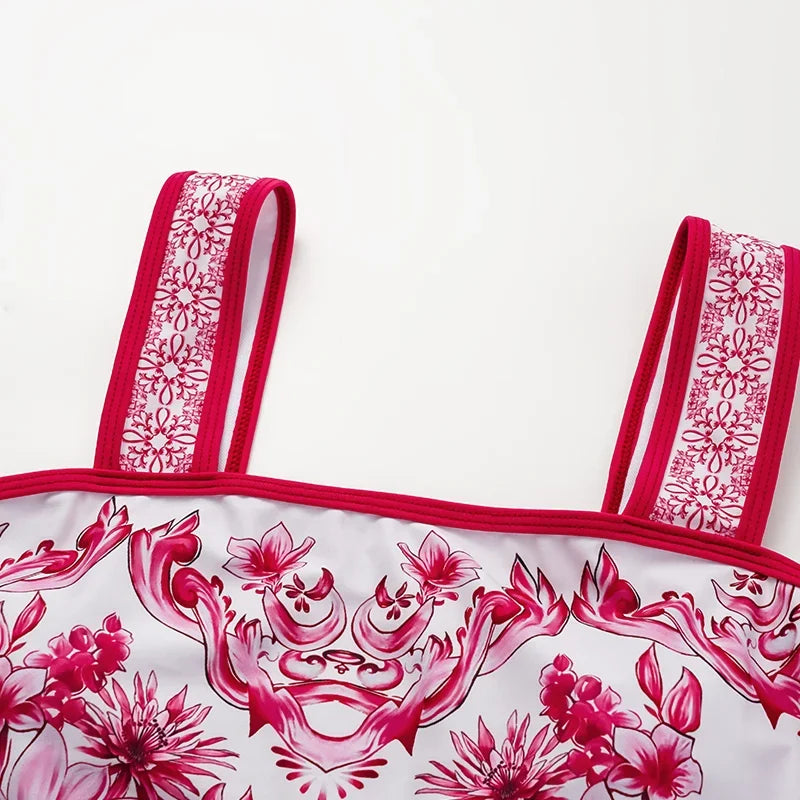 Red & White Mosaic Print Swimsuit Set