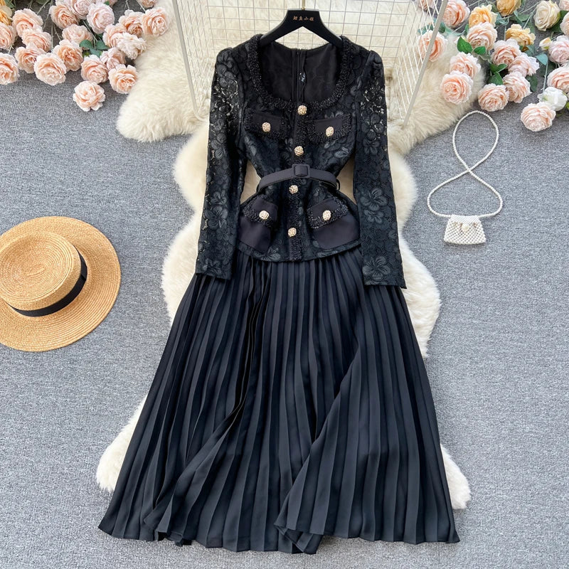 Elegant Lace Patchwork Belted Midi Dress For Party Wear