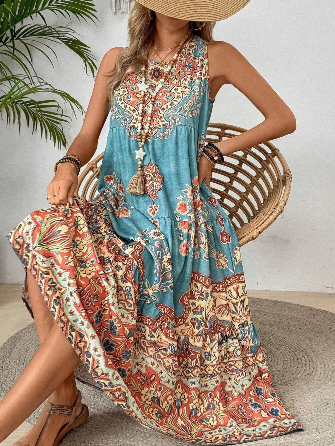 Women Vintage Print Sleeveless Dress - Loose A Line Comfort