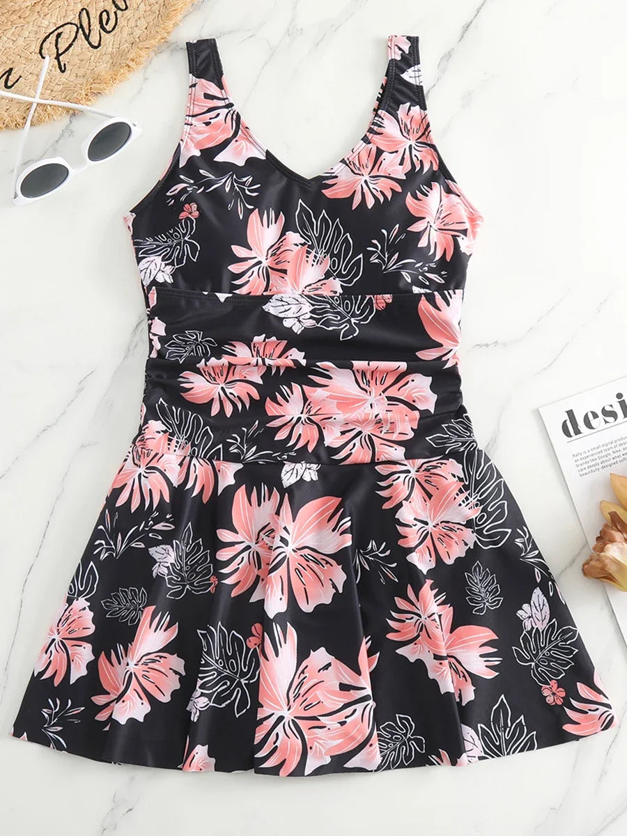 Plus Size Pink Floral Padded Swimsuit Swimdress