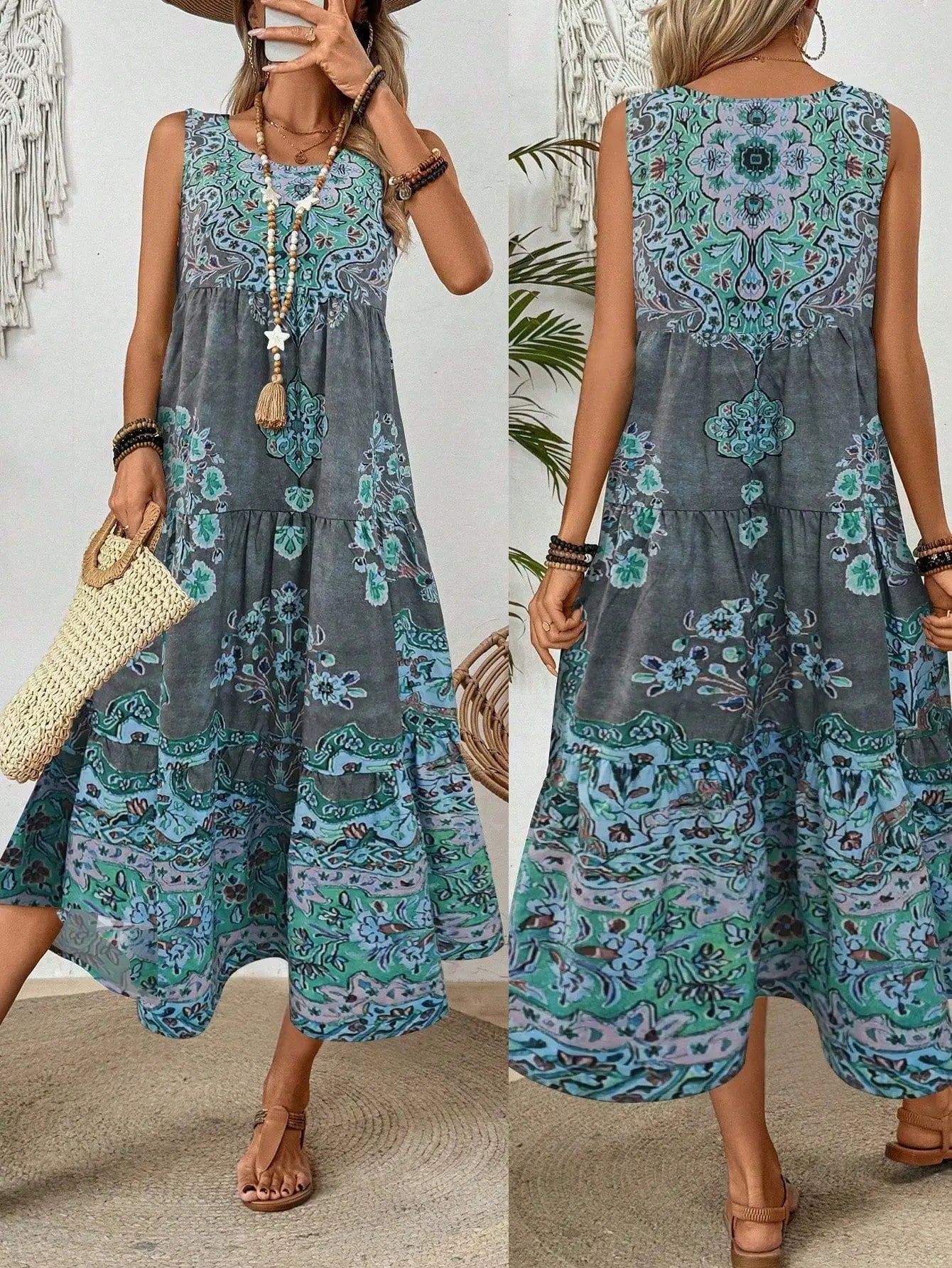 Women Vintage Print Sleeveless Dress - Loose A Line Comfort