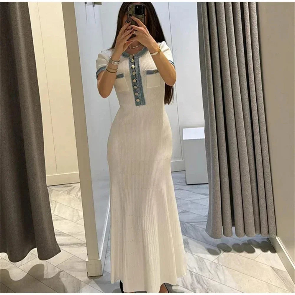 Chic Knit Maxi Dress With O Neck And Button Detailing