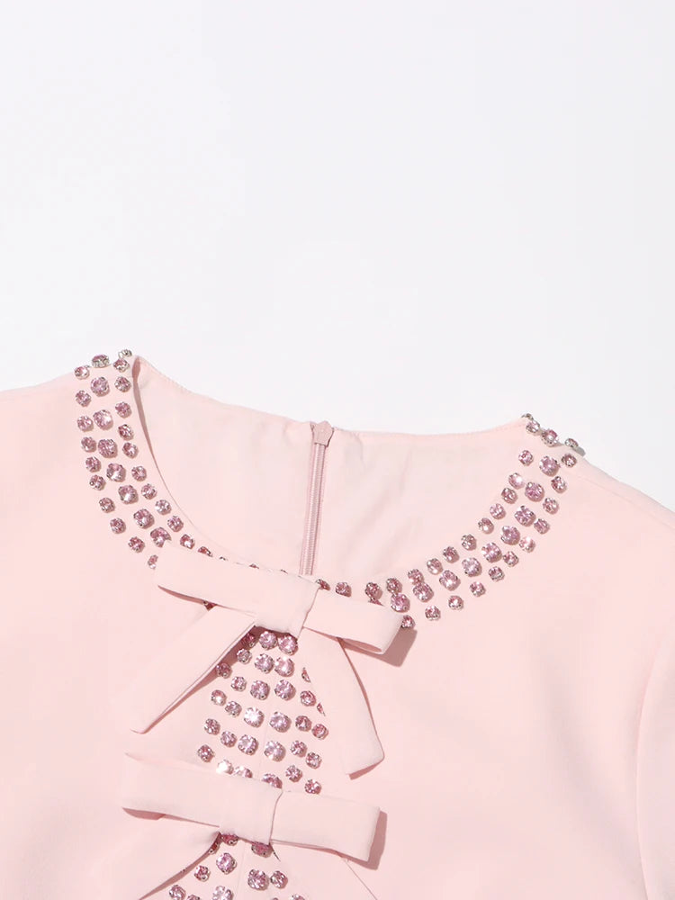 Patchwork Diamond Dress With Bowknot For Women High Waist