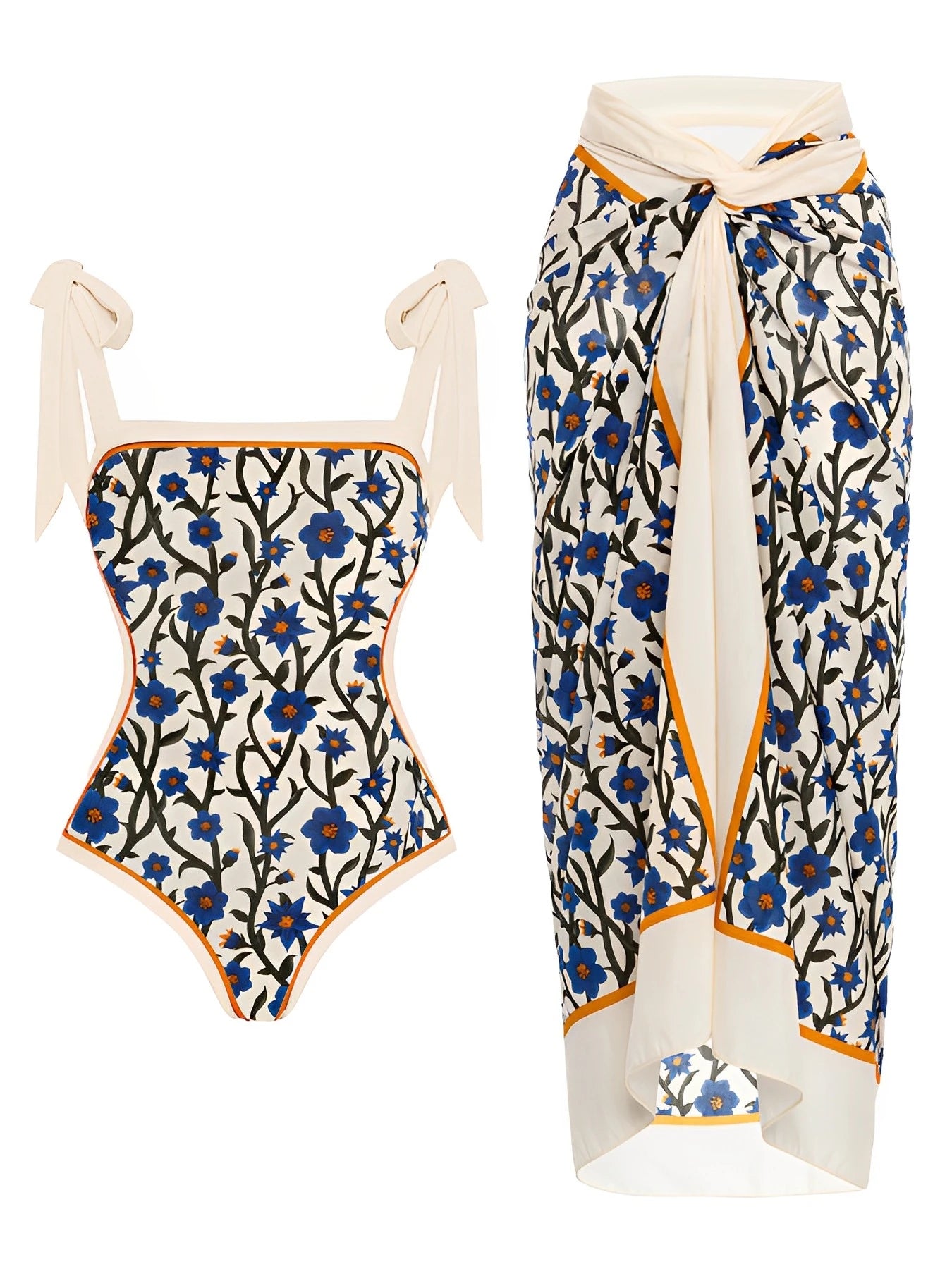 One-Piece Blue Flower Vine Swimsuit & Sarong Beachwear Set