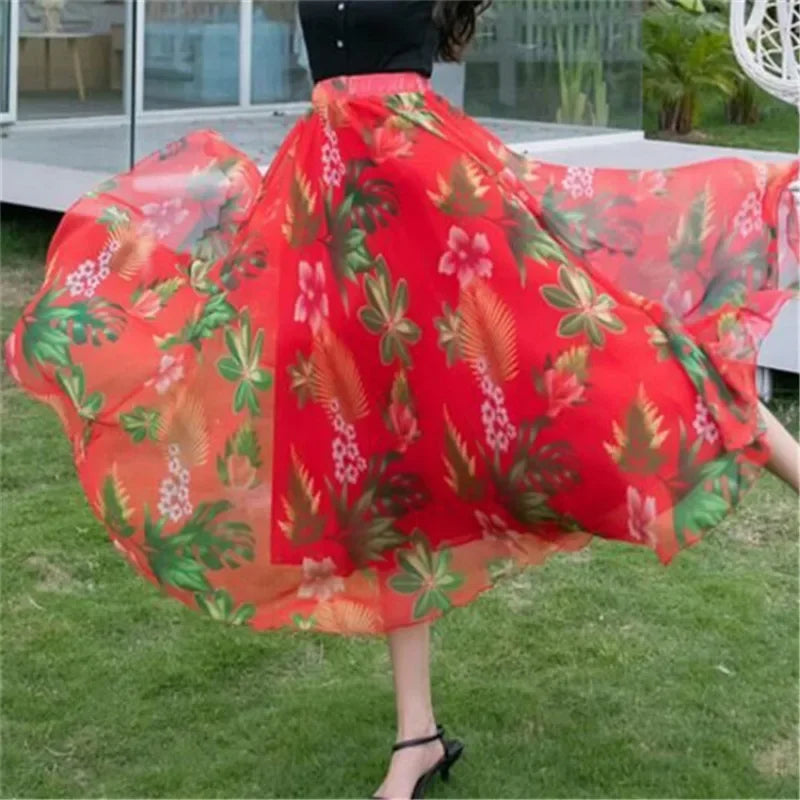 Elegant Pleated Chiffon Floral Beach Skirt for Women