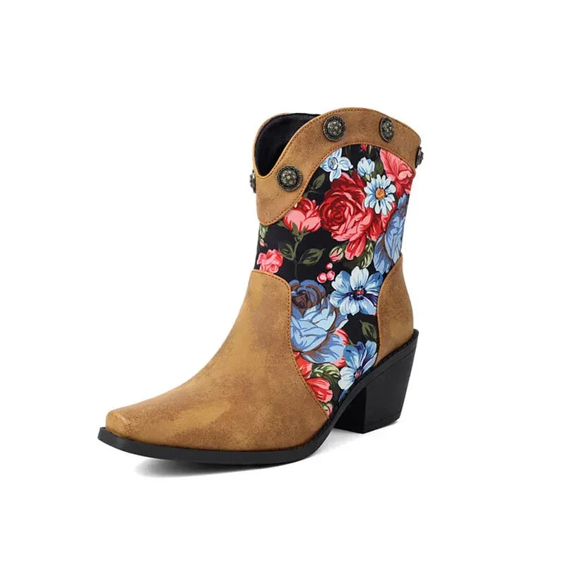 Flower Print Ankle Boots Women Wedge Heel 6cm Slip On Retro