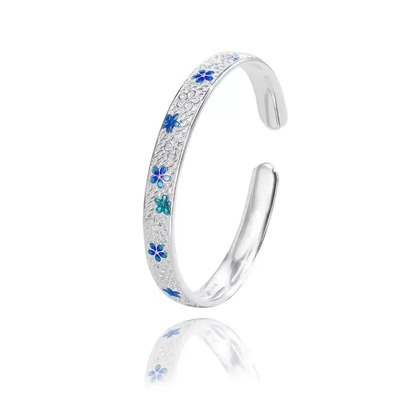 Silver Plum Blossom Blue Open Bangle
