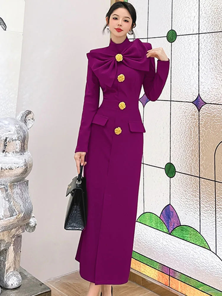 Autumn Runway Midi Dress Stand Neckline Long Sleeve XXL
