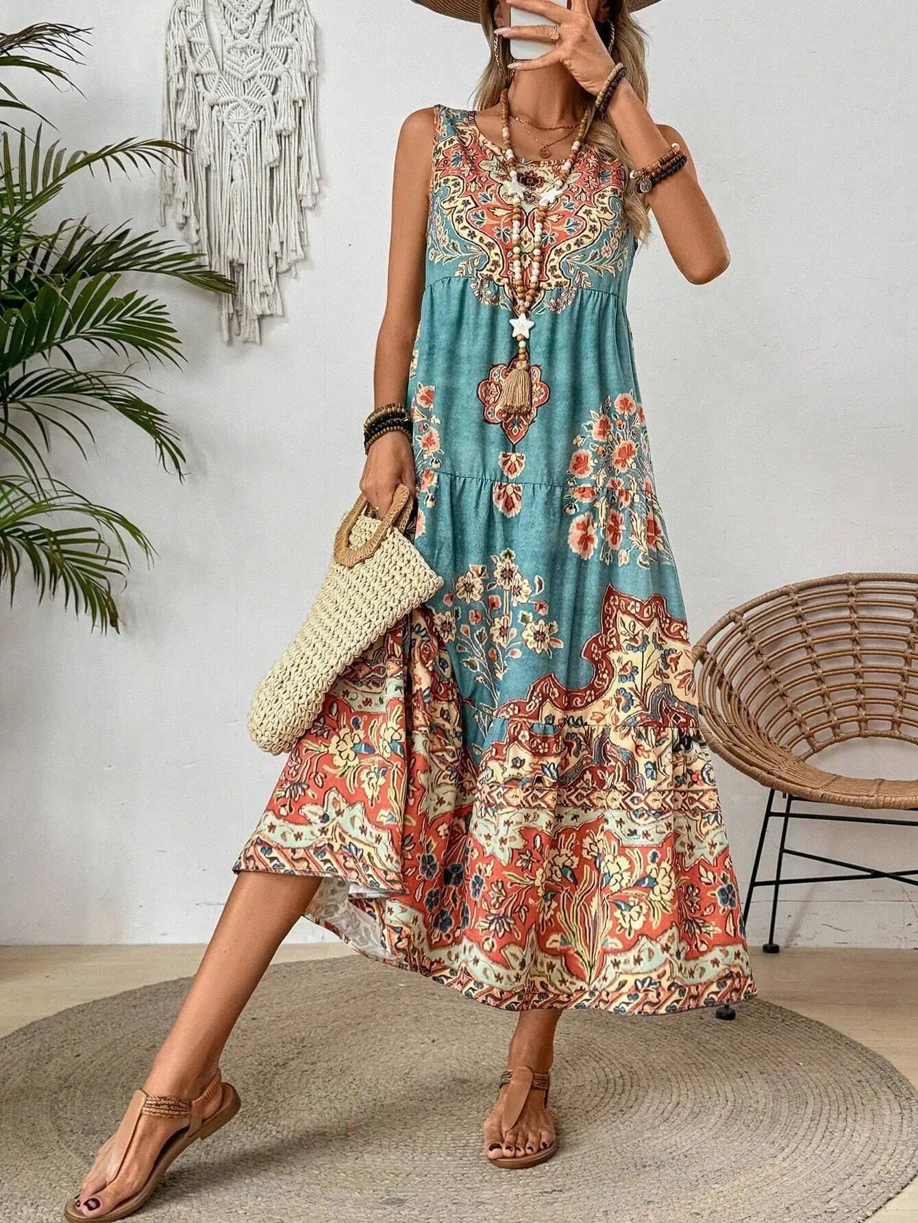 Women Vintage Print Sleeveless Dress - Loose A Line Comfort