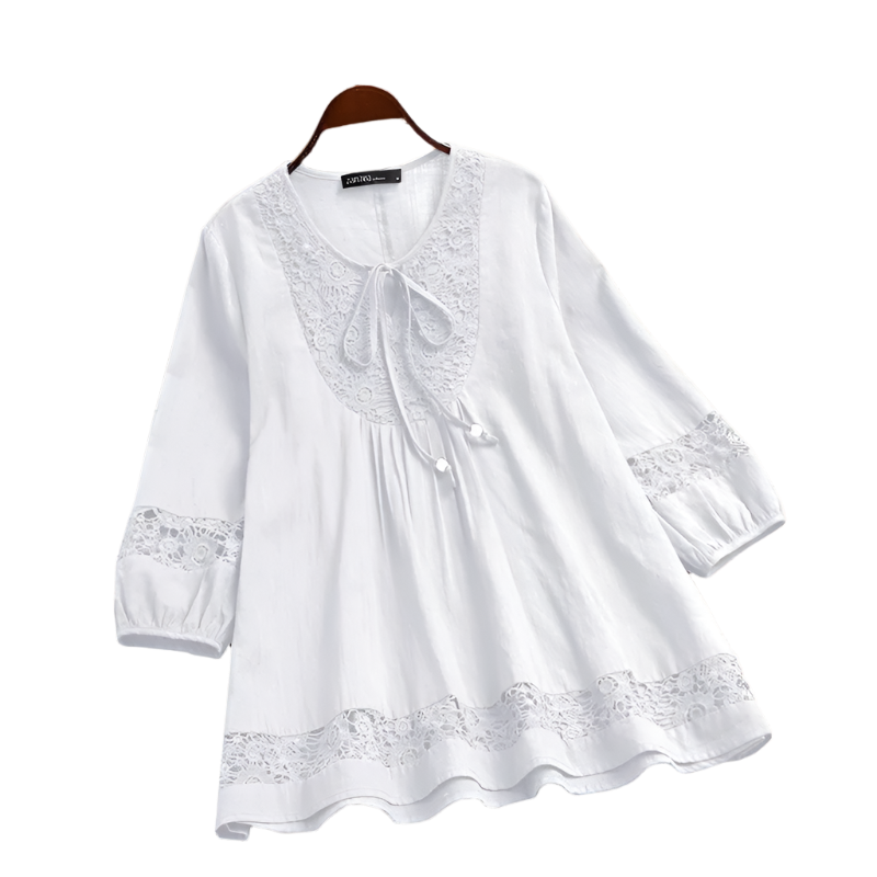 Cotton Linen Lace Splice Top – Women’s 3/4 Sleeve Casual Tunic