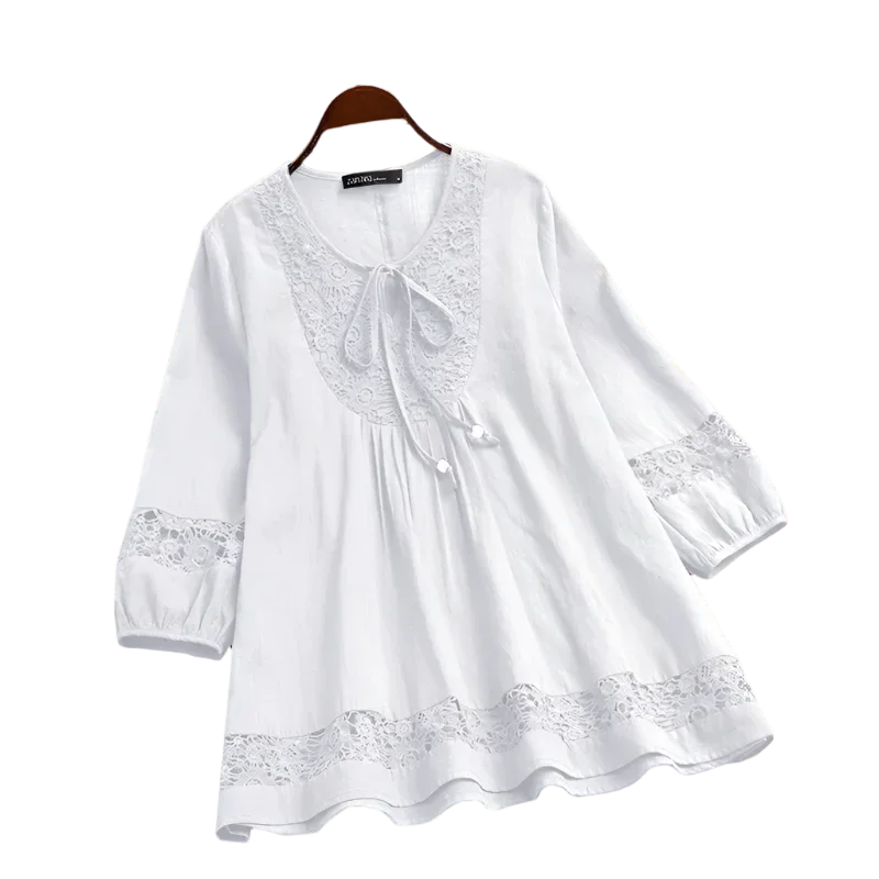 Cotton Linen Lace Splice Top – Women’s 3/4 Sleeve Casual Tunic