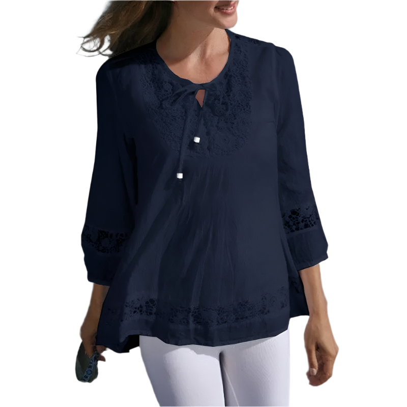 Cotton Linen Lace Splice Top – Women’s 3/4 Sleeve Casual Tunic
