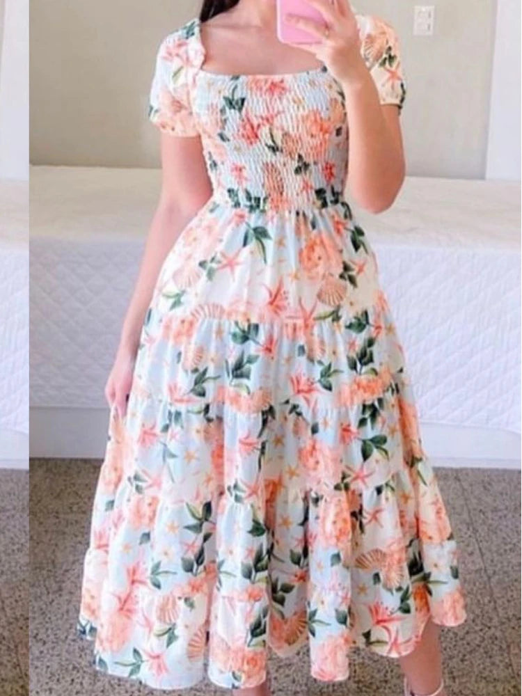 Summer Floral Off Shoulder Dress - Loose Fit Beachwear