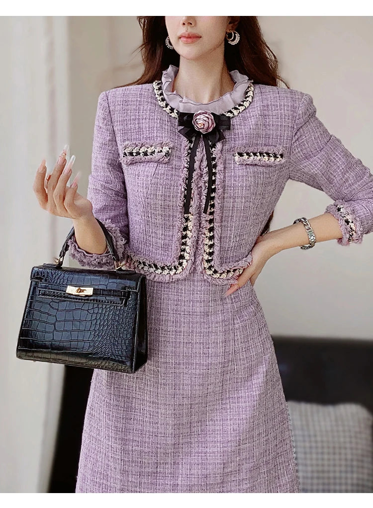 Elegant Purple Fungus Collar Slim Dress With Long Sleeves