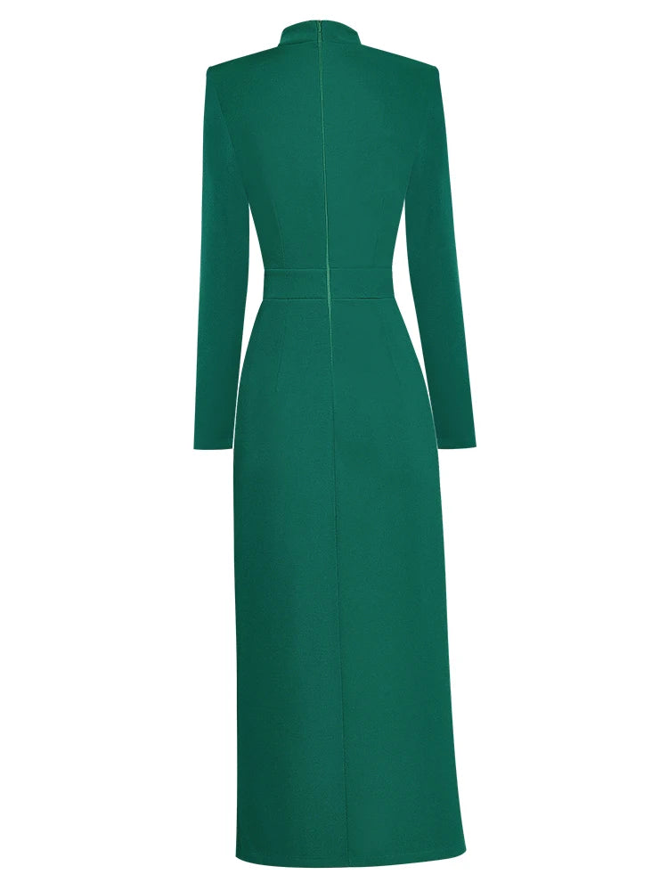 Autumn Runway Midi Dress Stand Neckline Long Sleeve XXL