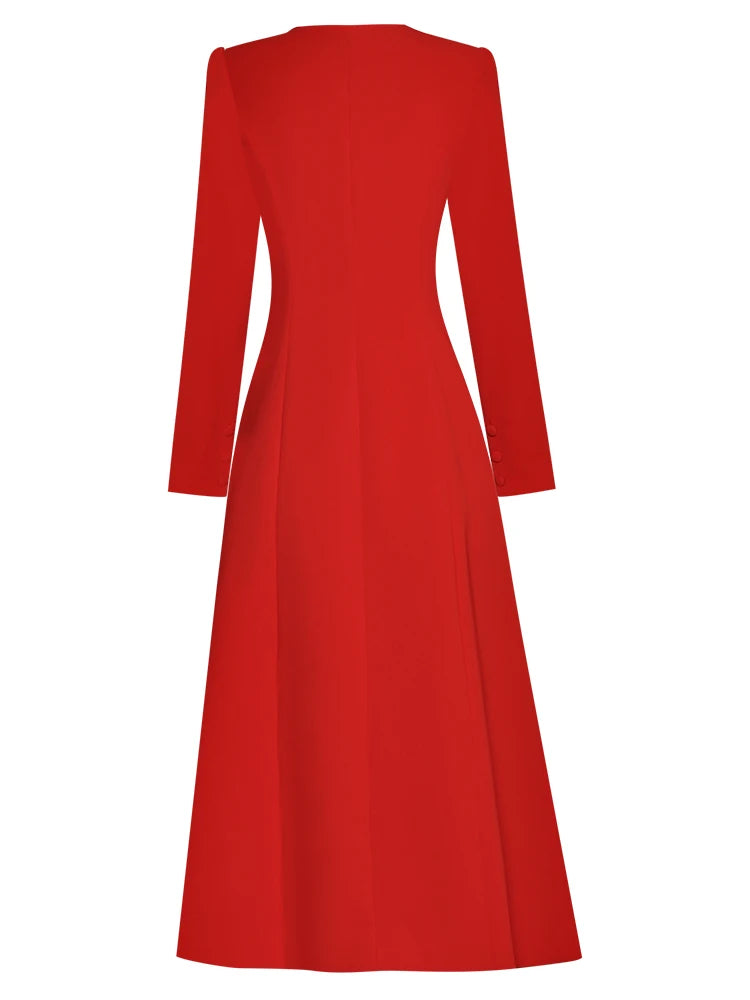 Red Winter Dress With Bow O Neck Long Sleeve Slim Fit