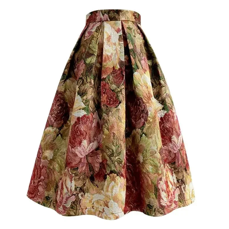 French Floral Jacquard Skirt – Chic Knee-Length Design