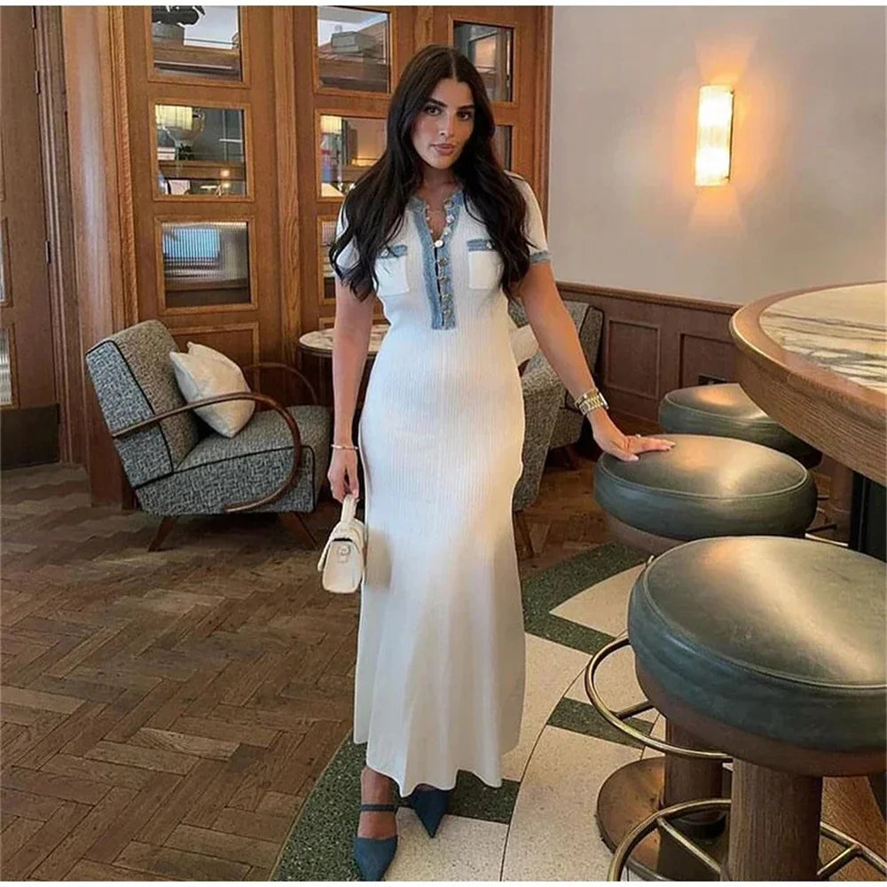 Chic Knit Maxi Dress With O Neck And Button Detailing