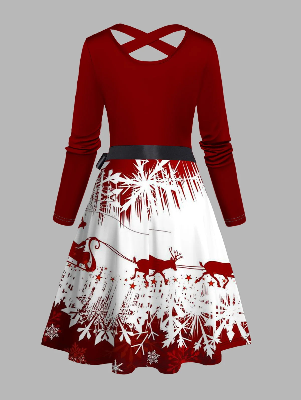 Women's A-Line Midi Christmas Snowflake Elk Sleigh Ride Print Crisscross Bowknot Belted Dress