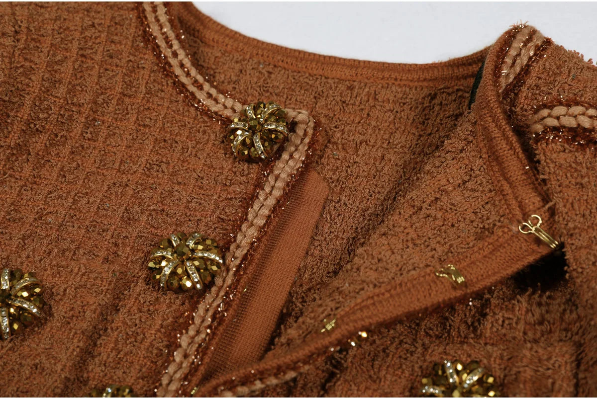 Luxury Double Breasted Crystal Bead Knit Evening Dress