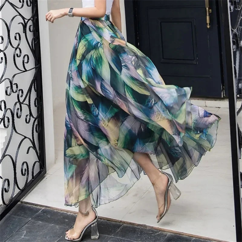 Elegant Pleated Chiffon Floral Beach Skirt for Women