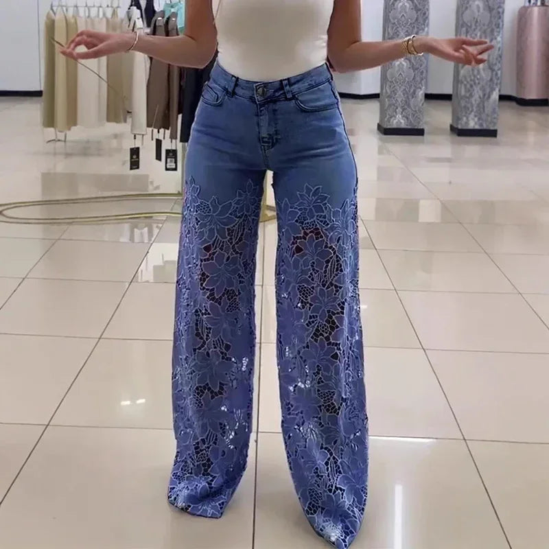 Lace Hollow Jeans High Waist Wide Leg Crochet Spliced
