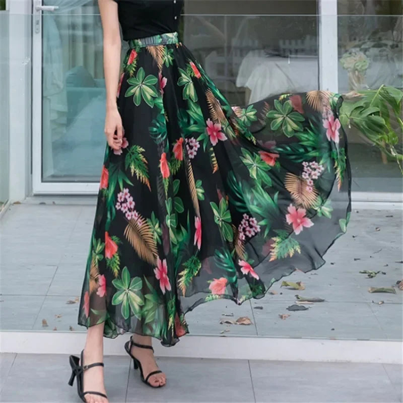 Elegant Pleated Chiffon Floral Beach Skirt for Women