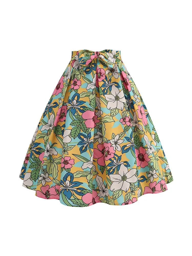 1950s Floral Print High Waist Pleated Midi Skirt