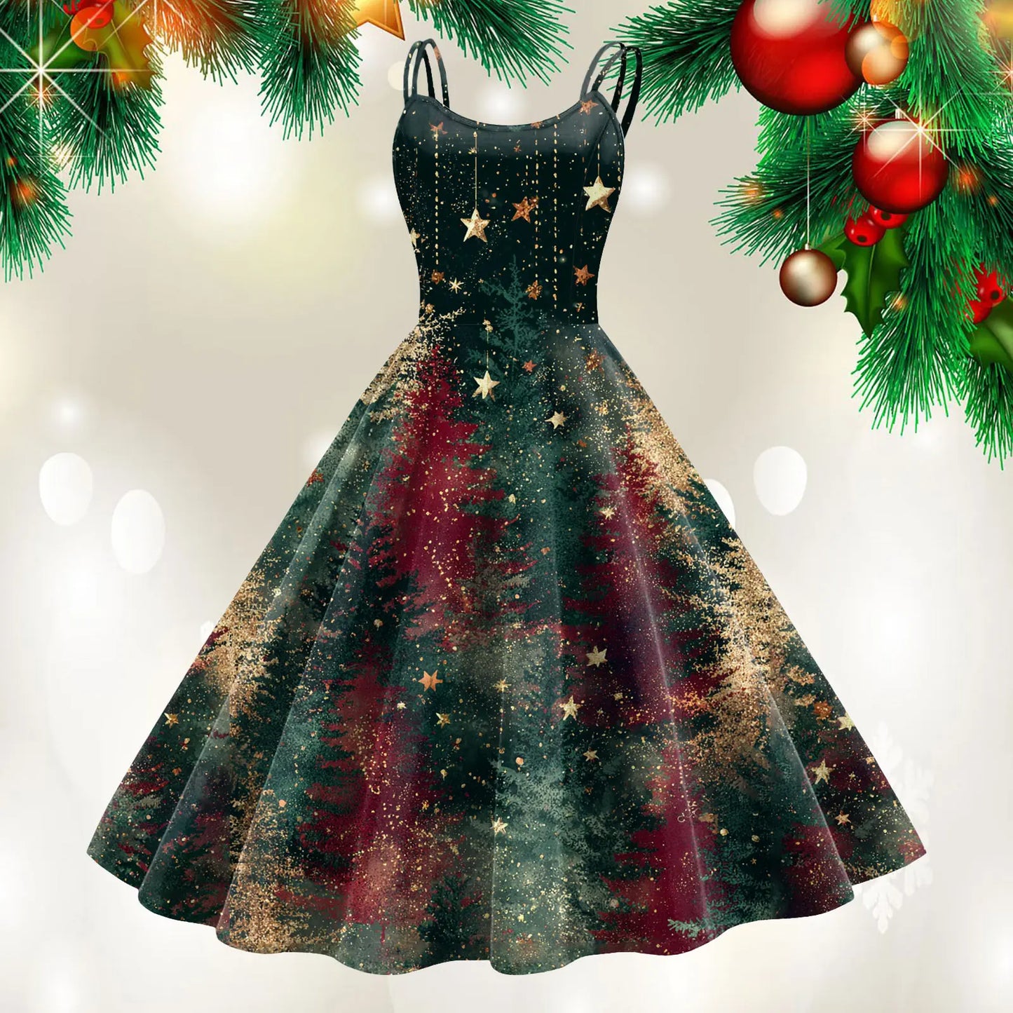Retro Paint Print Christmas Tree Sleeveless Midi Dress