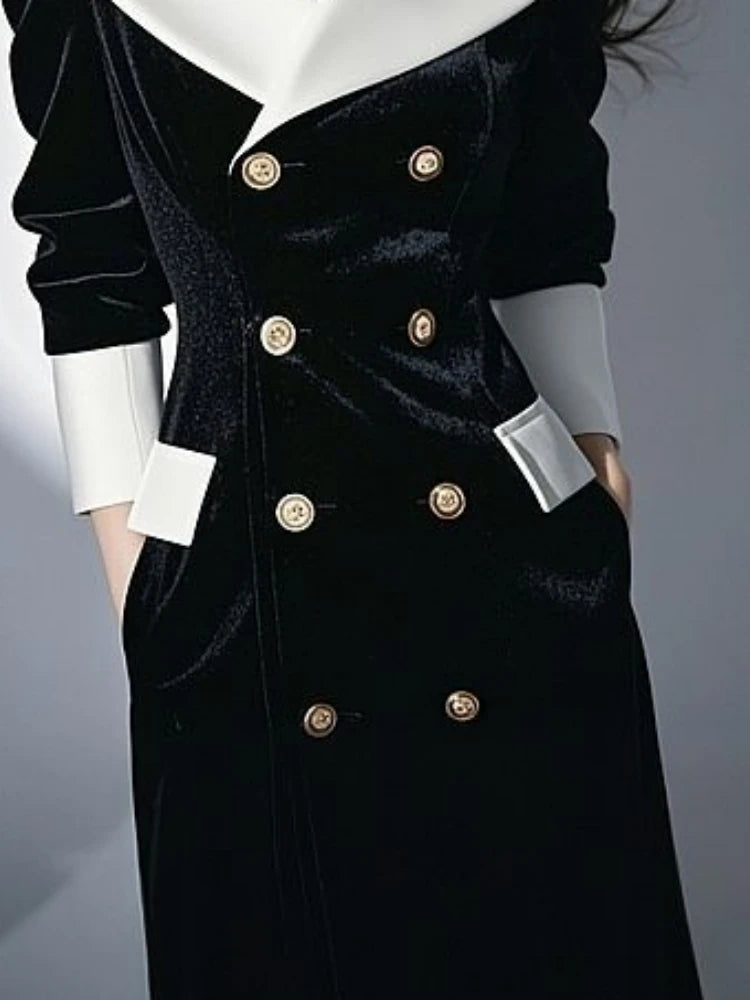 Vintage Velvet Patchwork Maxi Dress Double Breasted