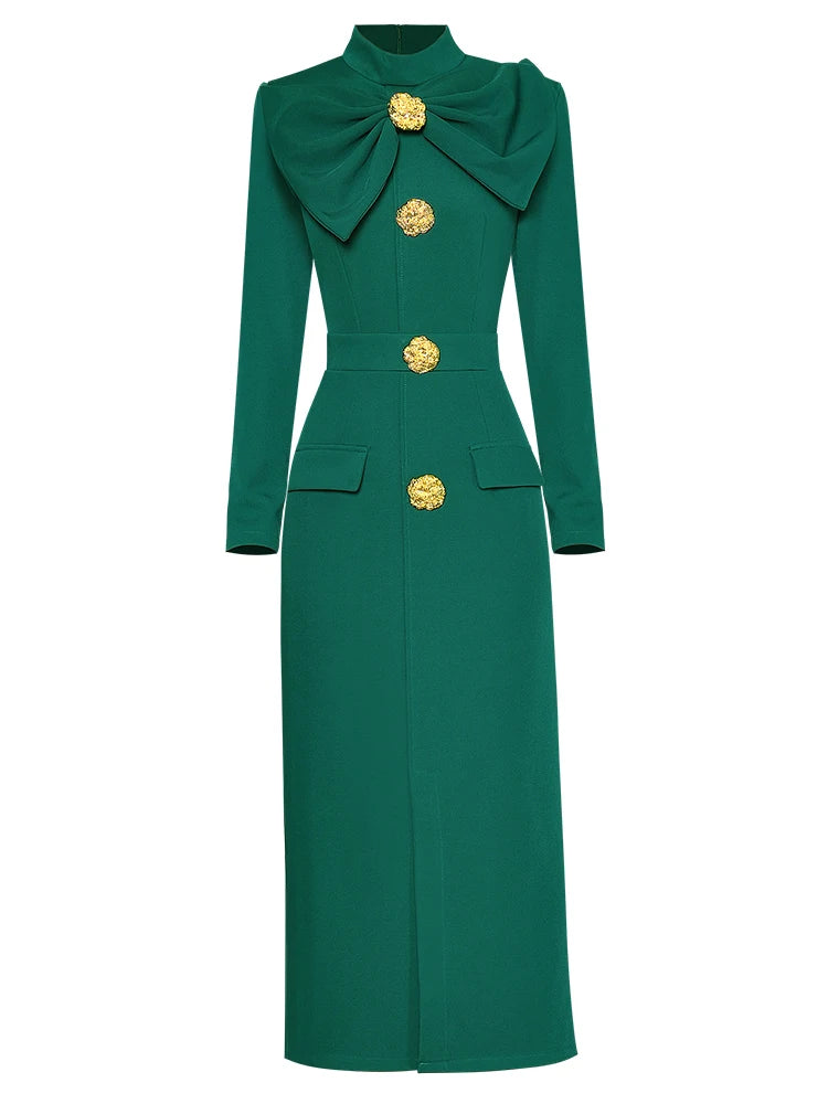 Autumn Runway Midi Dress Stand Neckline Long Sleeve XXL