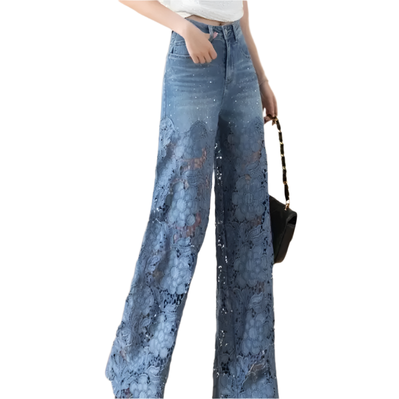 Women High Waist Lace Oversized Spring Jeans